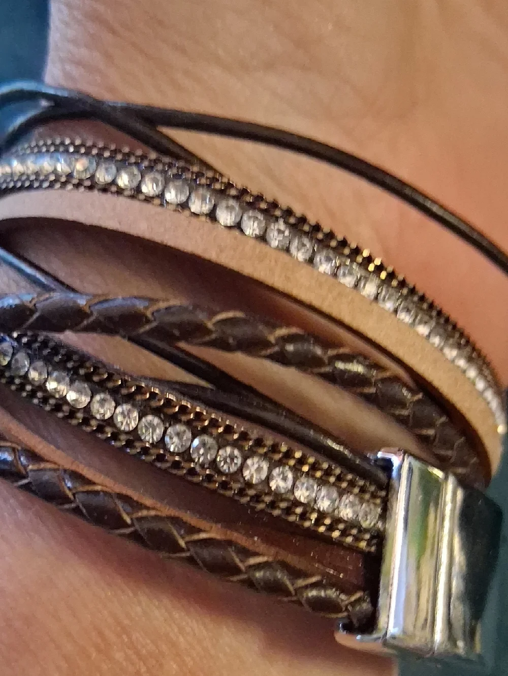 Express Brown Multi-Strand Leather Wrap Bracelet with Pearls and Rhinestones